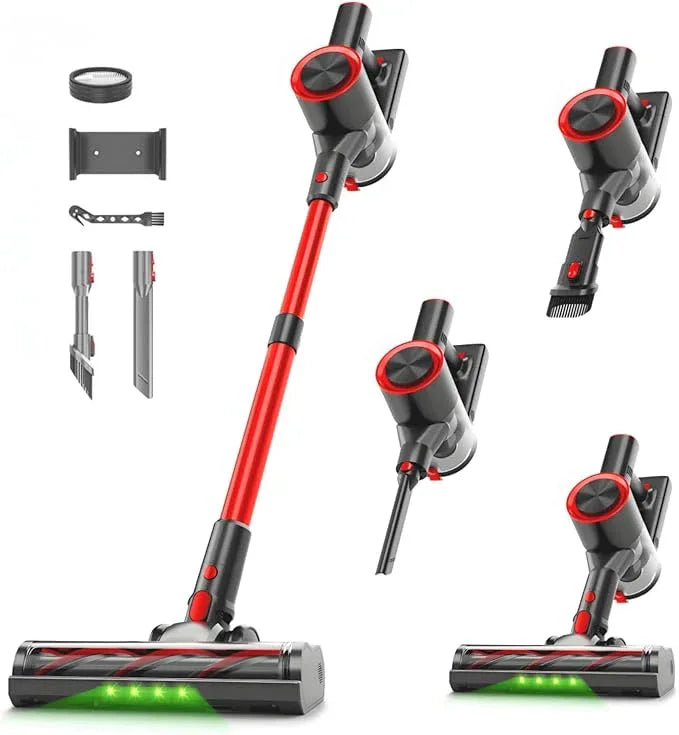 Cordless Stick Vacuum Cleaner, 38Kpa Powerful Suction Vacuum Cleaner with LED Headlight, Detachable Battery, 8-in-1 Lightweight Handheld Vacuums for Pet Hair Carpet and Hardwood Floor, Red - NeatNest