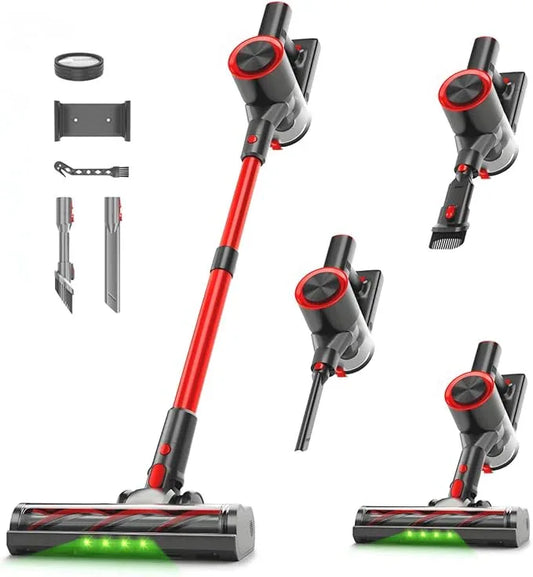 Cordless Stick Vacuum Cleaner, 38Kpa Powerful Suction Vacuum Cleaner with LED Headlight, Detachable Battery, 8-in-1 Lightweight Handheld Vacuums for Pet Hair Carpet and Hardwood Floor, Red - NeatNest