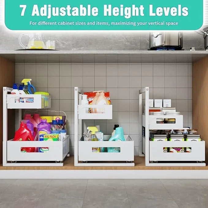 Under Sink Organizer Adjustable Height 2 Tier Bathroom Organizer Pull Out Cabinet Organer kitchen organizers and storage fridge organizers and storage,White,XL-1 Pack - NeatNest