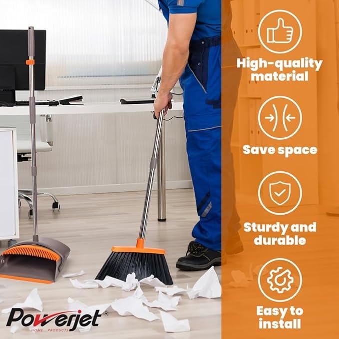 POWERJET Upright Broom & Dustpan Set (420900), Angled Lobby Broom, Exclusive Long Handle Extendable 52”, Self-Cleaning with Dustpan Teeth, Sweeping Indoor & Outdoor Home & Office Cleaning - NeatNest
