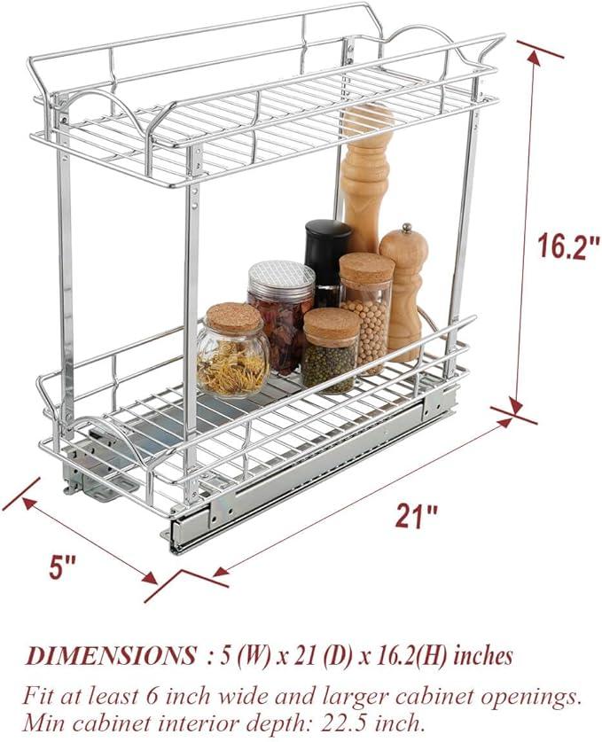 OCG Slide Out Cabinet Organizer for Narrow Cabinet (5" W X 21" D), 2 Tier Pull Out Shelves Slim Sliding Cabinet Organizer and Storage, Chrome - NeatNest