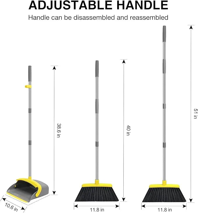NACENA Broom and Dustpan Set, 52-in Long Adjustable Handle Broom Dustpan Combo with Dustpan Teeth to Automatically Clean Hair Suitable for Home Kitchen Office Hall Floor (Grey&Yellow), 4 Pack - NeatNest