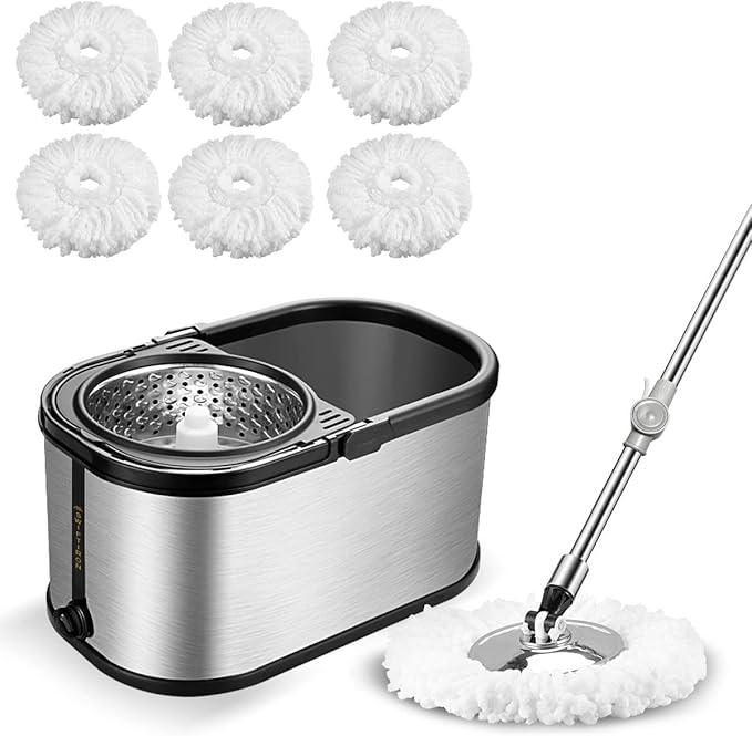 Spin Mop Bucket System Stainless Steel Bucket and Mop Set with 6 Microfiber Replacement Head Refills, Floor Mop with 4 Wheel - NeatNest