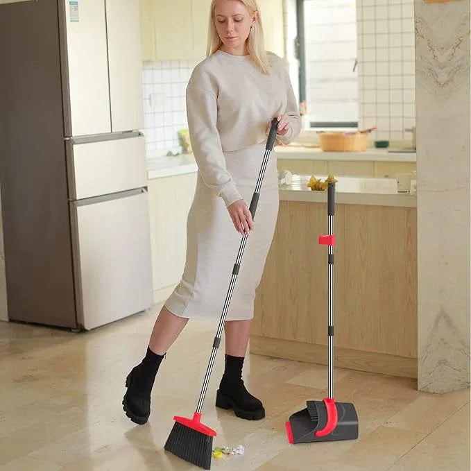 Broom and Dustpan Set,Broom with Dustpan Combo Set Dust pan with Long Handle, for Home Kitchen Room Office Lobby Floor Use Upright Stand Up(Gray&Red) - NeatNest