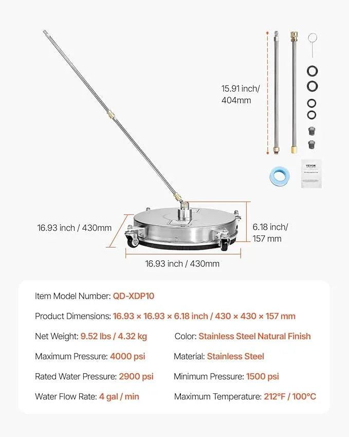 VEVOR 16.5" Pressure Washer Surface Cleaner, Stainless Steel Pressure Washer Attachments with 4 Wheels, 4000 Max PSI, 1/4 Quick Connector, 2 Spray Nozzles, 2 Extended Wands for Concrete, Patio, Deck - NeatNest