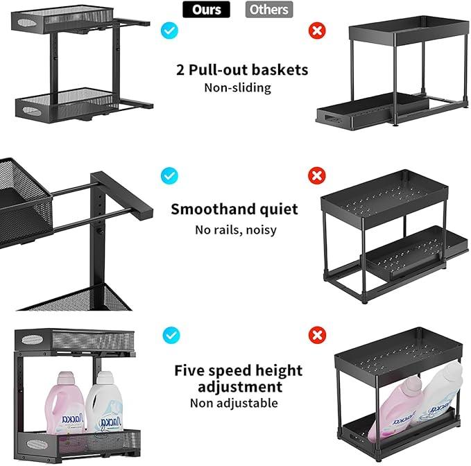 Under Sink Organizer, 2-Tier Pull Out Cabinet Organizer with Adjustable Height, Use in Kitchen Bathroom Cabinet and Countertop Storage, Black, 2-Pack - NeatNest