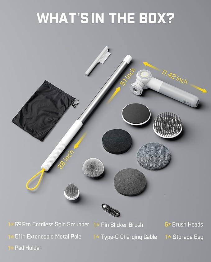 Fanttik Flip G9 Pro Electric Scrubber, VoltiPulse Motor, Dual-Speed Cleaner with 6 Brush Heads, Adjustable Angle & Extendable Handle, IPX7 Waterproof, Type-C Charge for Bathroom, Tile, Grout - White - NeatNest