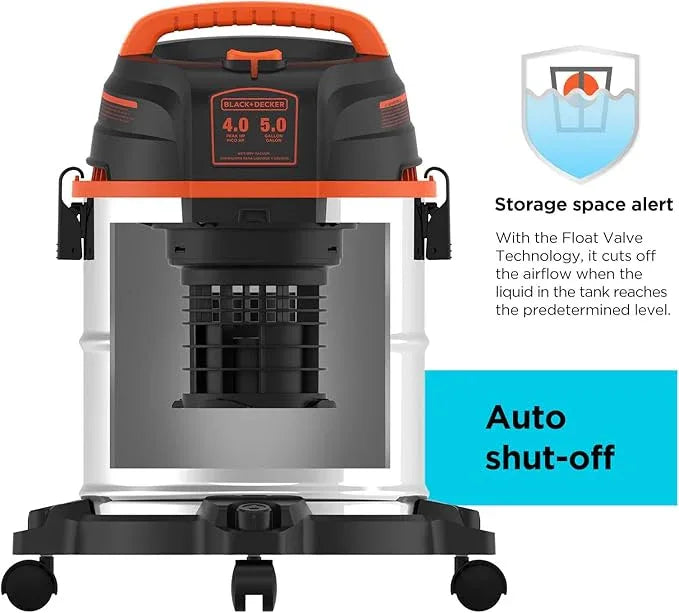 BLACK+DECKER Shop Vacuum Wet and Dry, 5 Gallon 3-in-1 Stainless Steel Shop Vac with Accessories, 4 HP Vacuum Cleaner, for Workshop, Home, Garage and Pet, BDXV18143 - NeatNest