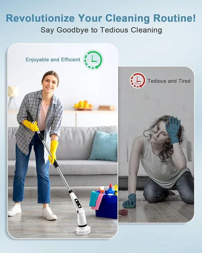 IEZFIX Electric Spin Scrubber, Bathroom Power Shower Scrubber Cleaning Brush for Tub/Tile/Floor/Toilet/Kitchen, 8 Cleaner Scrub Brush Heads, 3 Speeds 450RPM Max, Telescopic Rod Black - NeatNest