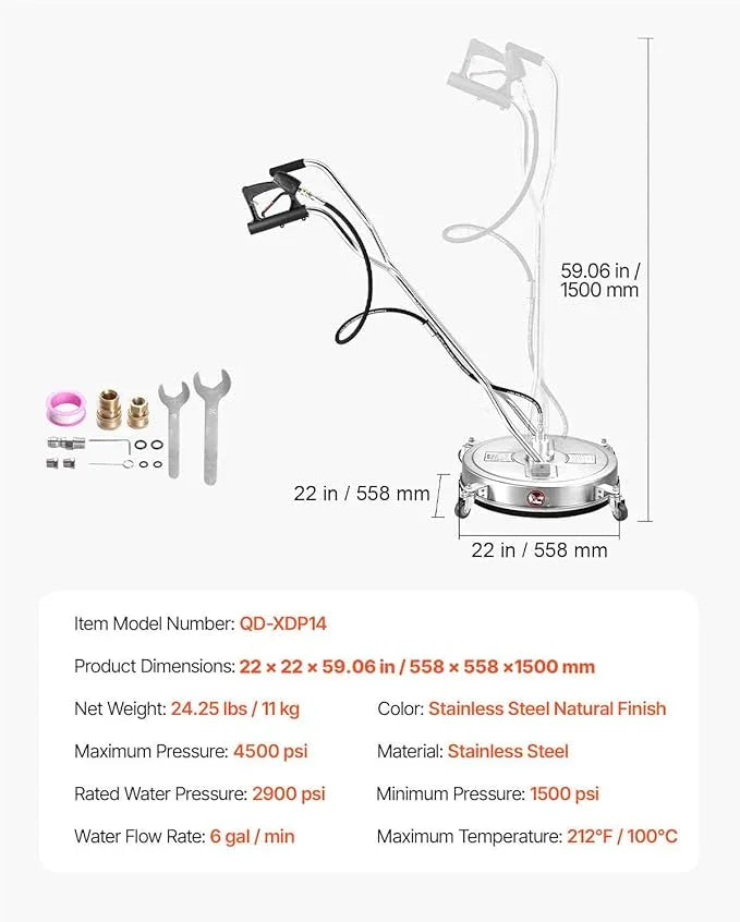 VEVOR 22" Pressure Washer Surface Cleaner, Stainless Steel Pressure Washer Attachments with 4 Wheels, 4500 Max PSI, 3/8 Quick Connector, 2 Spray Nozzles, Dual Handle, for Concrete, Patio, Sidewalk - NeatNest