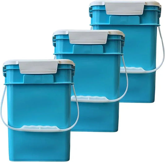 House Naturals 4 Gallon Square Food Grade Bucket Pail with Plastic Handles and Lid (Pack of 3) Made in USA containers (Aqua-White lids) - NeatNest