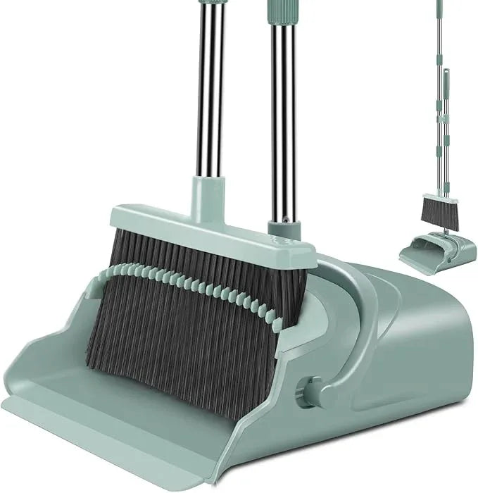 kelamayi Upgrade Broom and Dustpan Set, Large Size and with Long Handle, Upright,Ideal for Indoor Outdoor Garage Kitchen Room Office Lobby Use (Green) - NeatNest