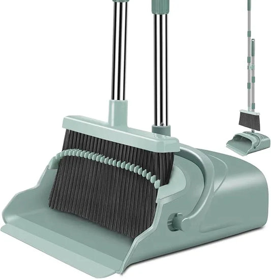 kelamayi Upgrade Broom and Dustpan Set, Large Size and with Long Handle, Upright,Ideal for Indoor Outdoor Garage Kitchen Room Office Lobby Use (Green) - NeatNest