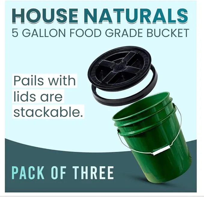 House Naturals 5 Gallon Plastic Green Bucket with Screw on Lid, Food Grade containers, Made in USA pails, Pack of 3 - NeatNest