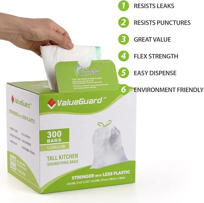 Large Trash Bags 13 Gallon Tall Drawstring 100% Post-Consumer Recycled Garbage Bag Waste Bag for Kitchen Office 0.6 Mil (300 Count) - NeatNest