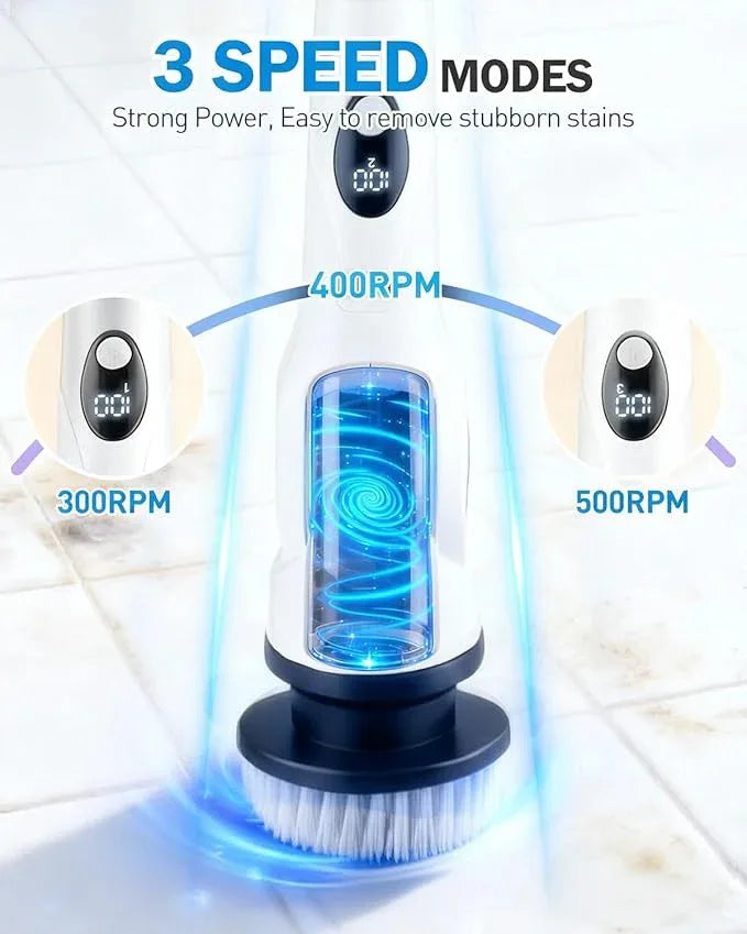 Electric Spin Scrubber, 3-Speed Cordless Shower Scrubber with 90° Adjustable & 10 Replaceable Brush Heads, 90 Mins Runtime & Full-Body IPX7 Waterproof Shower Cleaner Brush with Long Handle - NeatNest
