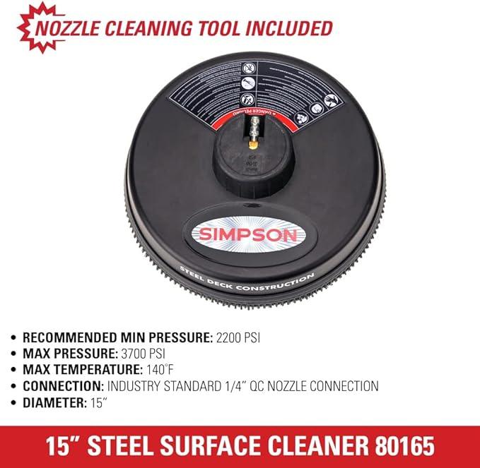 Simpson Cleaning 80165 Universal 15" Steel Pressure Washer Surface Cleaner for Cold Water Machines, 1/4" Quick Connection, Recommended Min 2200 PSI up to Max of 3700 PSI, Black - NeatNest