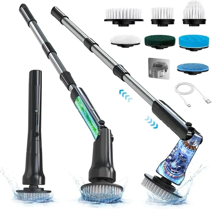 Electric Spin Scrubber, Hillyfe Bathroom Scrubber Electric with 7 Replaceable Brush Heads, IPX7 Waterproof,300/400 RPM, 3 Adjustable Length,Scrubber Brush Electric for Bathtub Floor,Black - NeatNest