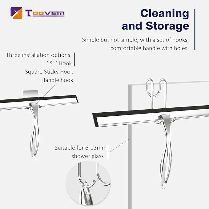 TOOVEM 14 Inch Shower Squeegee for Glass Doors, Window, Bathroom, Car Windshield, Shower Cleaning Tools with S Hook, Square Sticky Hook (Silver) - NeatNest