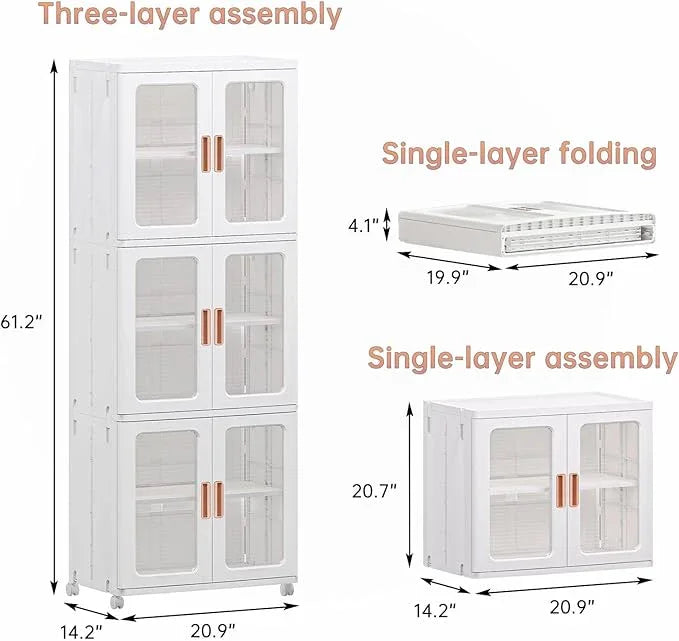 Storage Bins with Lids and Doors Storage Cabinet with Wheels Plastic Stackable Pantry Cabinet Cupboard Closet Foldable Kitchen Collapsible Storage Bins for Book Snack and Bathroom Organizer - NeatNest