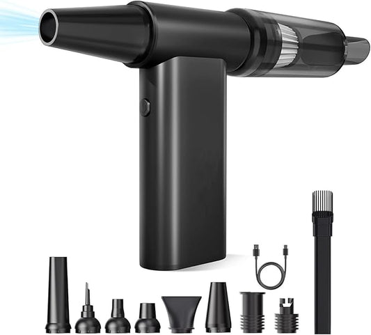 Electric Air Duster-130000 RPM Brushless Motor, 2-in-1 Blow & Vacuum, 4000mAh Rechargeable, 3 Gear Adjustable Compressed Air Duster for Computer, Keyboard, House and Car, 11pcs Accessories