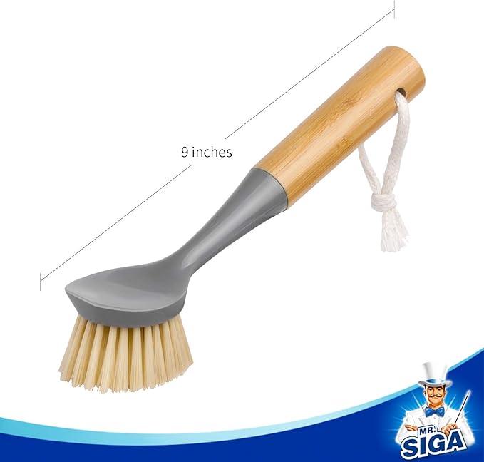 MR.SIGA Dish Brush with Bamboo Handle Built-in Scraper, Scrub Brush for Pans, Pots, Kitchen Sink Cleaning, Pack of 2 - NeatNest