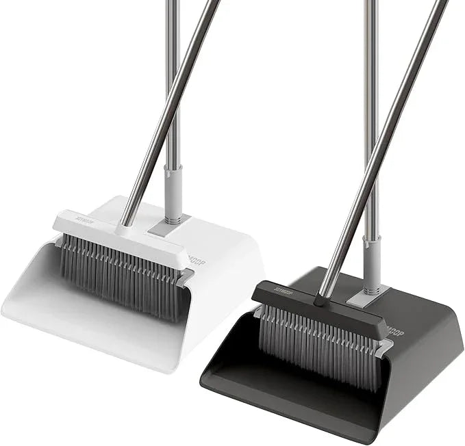 JOYMOOP 2 Pack Broom and Dustpan Set, Black and White Combo, Upright Angle with Built-in Comb Teeth for Pet Hair and Hard Floors - NeatNest