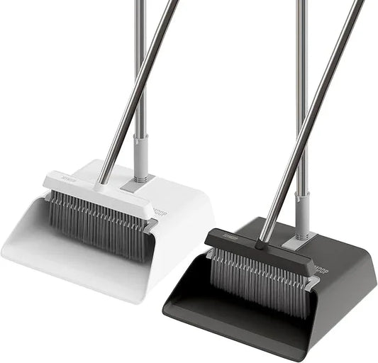 JOYMOOP 2 Pack Broom and Dustpan Set, Black and White Combo, Upright Angle with Built-in Comb Teeth for Pet Hair and Hard Floors - NeatNest