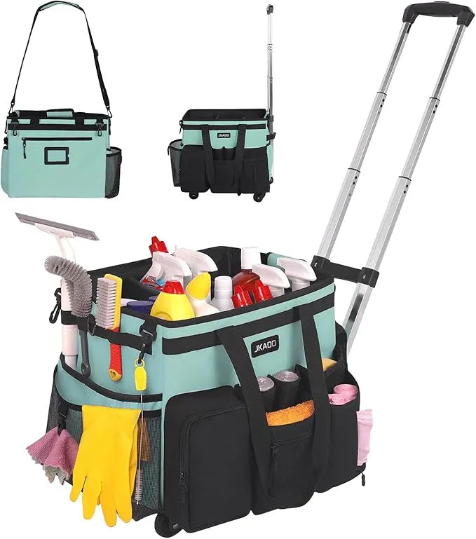 Large Rolling Cleaning Caddy Bag with Detachable Trolley, Waterproof Cleaning Caddy on Wheels for Housekeepers, Cleaning Cart Supplies Organizer for Home,Car,Office,Picnic (Blue-Green) (Patent) - NeatNest