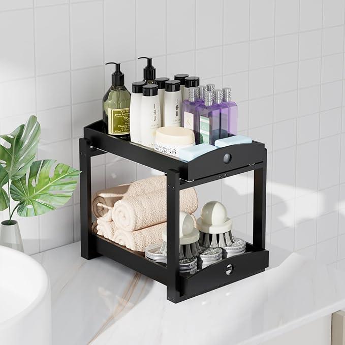 Bamboo Wood Under Sink Organizer 1 Pack, Pull Out Cabinet Organizer 2 Tier Under Sink Organizers and Storage with Sliding Drawer Sturdy Easy Assembly for Kitchen Bathroom Undersink (Black, 2 Packs) - NeatNest