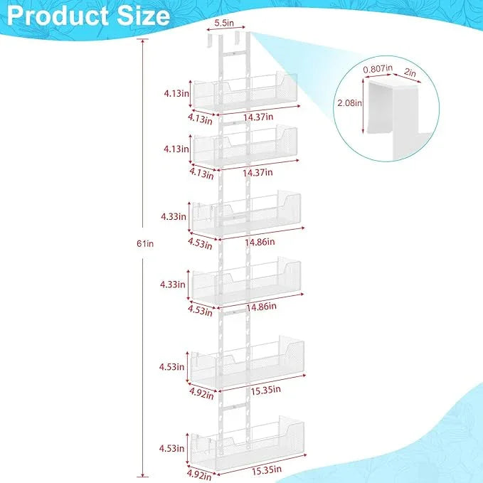 Over The Door Organizer, Metal Hanging Door Organizer with 6 Adjustable Baskets and 5 Hooks, Behind The Door Storage for Closet Pantry Cabinet Kitchen Bathroom Bedroom, White - NeatNest