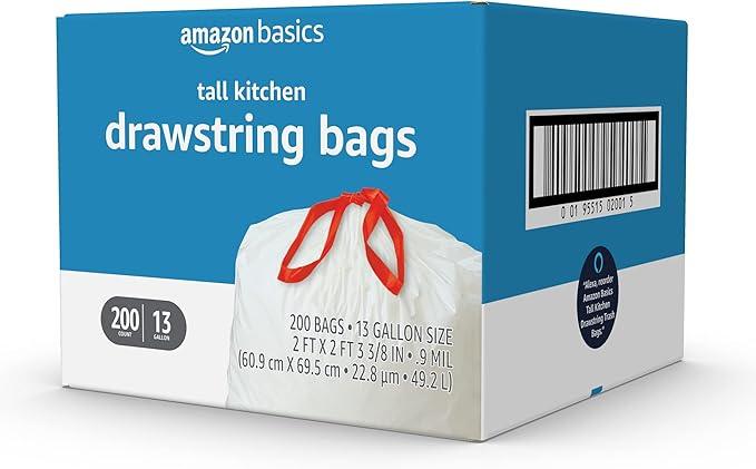Amazon Basics Trash Bags, Tall Kitchen Drawstring, Unscented, 13 Gallon, 200 Count, Pack of 1 - NeatNest