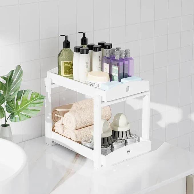 Bamboo Wood Under Sink Organizer 1 Pack, Pull Out Cabinet Organizer 2 Tier Under Sink Organizers and Storage with Sliding Drawer Sturdy Easy Assembly for Kitchen Bathroom Undersink (White, 2 Packs) - NeatNest