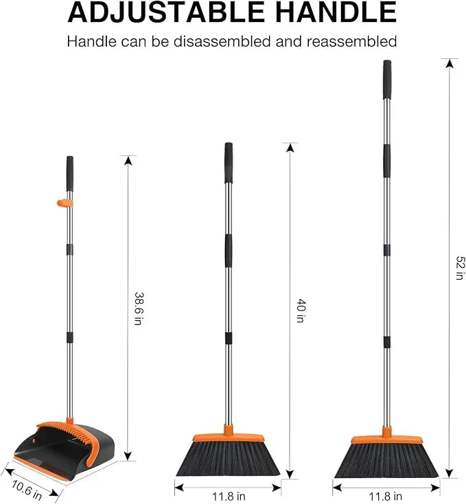 NACENA Broom and Dustpan Set, 52-in Long Adjustable Handle Broom Dustpan Combo with Dustpan Teeth to Automatically Clean Hair Suitable for Home Kitchen Office Hall Floor (Black&Orange), 4 Pack - NeatNest