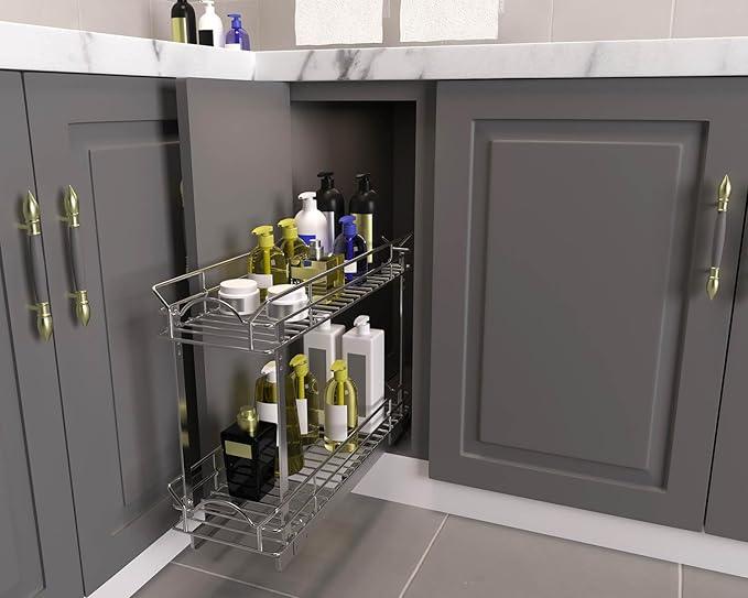 OCG Slide Out Cabinet Organizer for Narrow Cabinet (5" W X 21" D), 2 Tier Pull Out Shelves Slim Sliding Cabinet Organizer and Storage, Chrome - NeatNest
