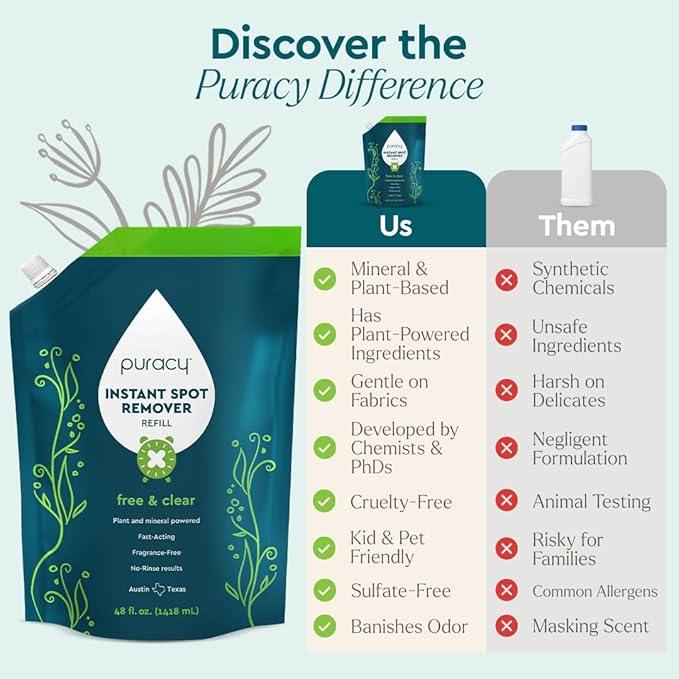 Puracy Laundry Stain Remover for Clothes Laundry - Carpet Stain Remover Carpet Spot Cleaner Couch Stain Remover - Clothes Spray, Free & Clear - Instant Spot Remover, 48 Fl Oz (Pack of 1) - NeatNest