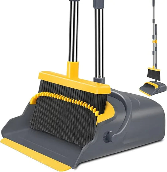 kelamayi Upgrade Broom and Dustpan Set, Broom with Dustpan Combo Set, Self-Cleaning with Dustpan Teeth, Indoor&Outdoor Sweeping, Stand Up Broom and Dustpan (Gray&Yellow) - NeatNest