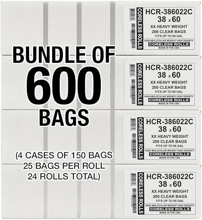 Aluf Plastics High Density Trash Bags, 60 Gallon, 600 Count, 22 Micron (eq), 38" x 60", Clear, for Bathroom, Office, Industrial, Commercial, Janitorial, Municipal, Recycling - NeatNest