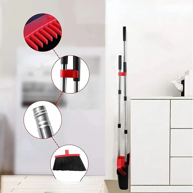 Standing Broom and Dustpan Set, Built-in Scraper Teeth, No-Slip Grip, Dust Collection Tray for Home, Office, Lobby, and Outdoor, Adjustable Handle from 38.18" to 52" (Black and Red) - NeatNest