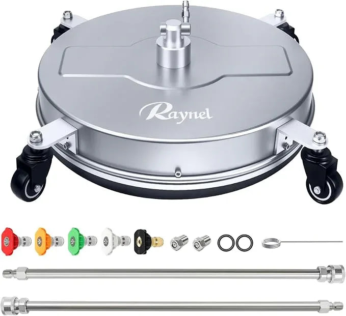 RAYNEL 18'' Pressure Washer Surface Cleaner with 4 Wheels, Stainless Steel Housing, 1/4" Quick Plug, 2 Extended Wands, 2 Replacement Nozzles and 5 Spray Nozzles - NeatNest