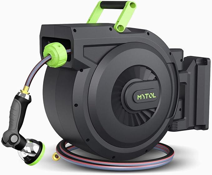 Retractable Garden Hose Reel, 1/2 Inch x 100 ft + 6 ft Wall Mount Hose Reel with Automatic Slow Rewind System, Any Length Lock, 10 Patterns Hose Nozzle, 180°Swivel Bracket, for Garden Watering - NeatNest