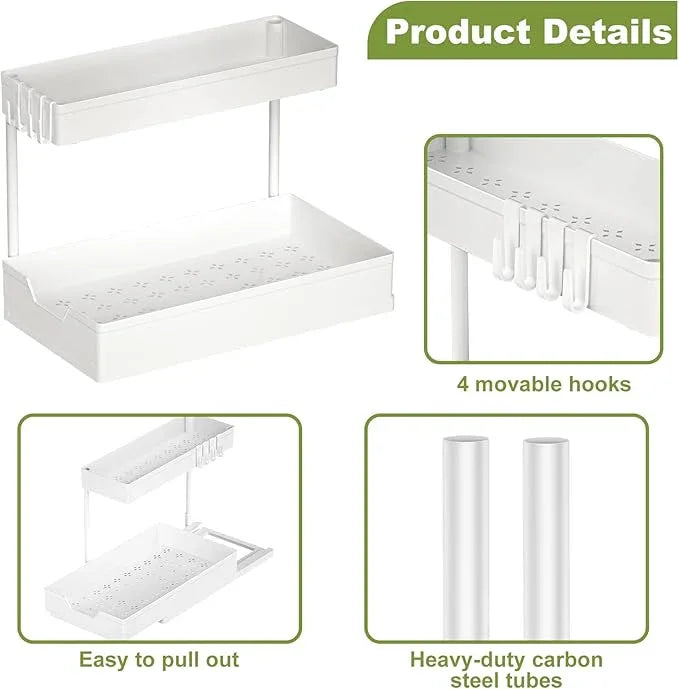 Under Sink Organizers and Storage, L-Shape Kitchen Bathroom Organization, 2-Tier Sliding Storage Under Bathroom Kitchen Sink Cabinet Organizer Shelf Pull Out 2 Pack (White) - NeatNest
