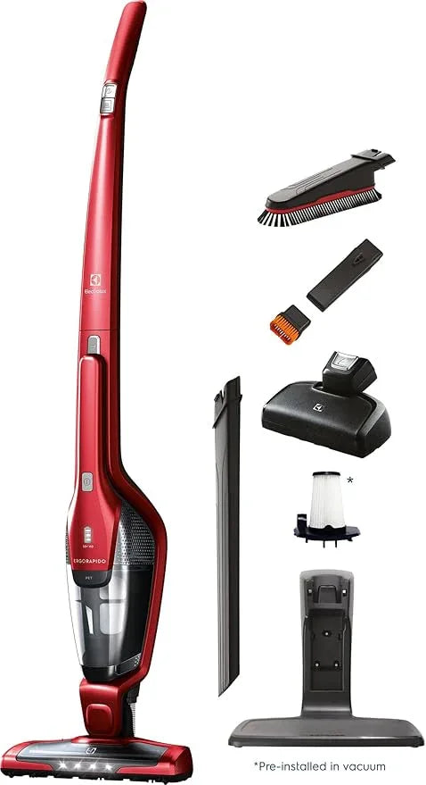 Electrolux Ergorapido Pet Cordless 2-in-1 Vacuum Cleaner with Motorized Pet Nozzle for Easy Pet Hair Removal, 48-Minute Run Time, 2 Power Modes, Chili Red - NeatNest