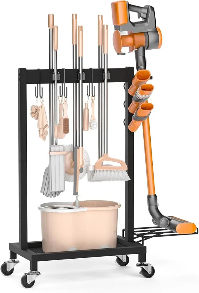 Broom Holder with Cleaning Supplies Organizer Load 160 LBS Cleaning Cart with Wheels Broom Closet Storage with 6 Mop Hanger Grippers, 3 Double-Hooks, Vacuum Stand for Laundry Garage Organization - NeatNest