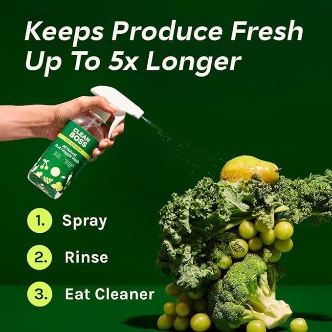CleanBoss Eat Cleaner Triple-Action Fruit + Veggie Wash - 12 oz, Pack of 3 - Removes Harmful Residue - Keeps Produce Fresh Up to 5X Longer - Includes One Trigger - Vegan, Gluten Free - Improved Nozzle - NeatNest