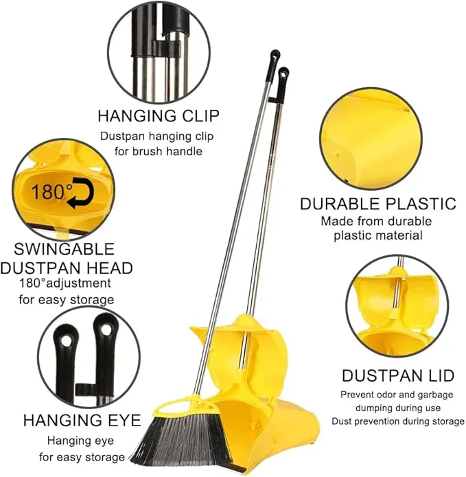 Heavy Duty Outdoor Broom and Dustpan Set - 145CM Extra Long Handle, Stiff Bristles for Tough Debris, Angled Broom Head - Ideal for Garage, Patio, Garden Kitchen House Floor Cleaning - NeatNest