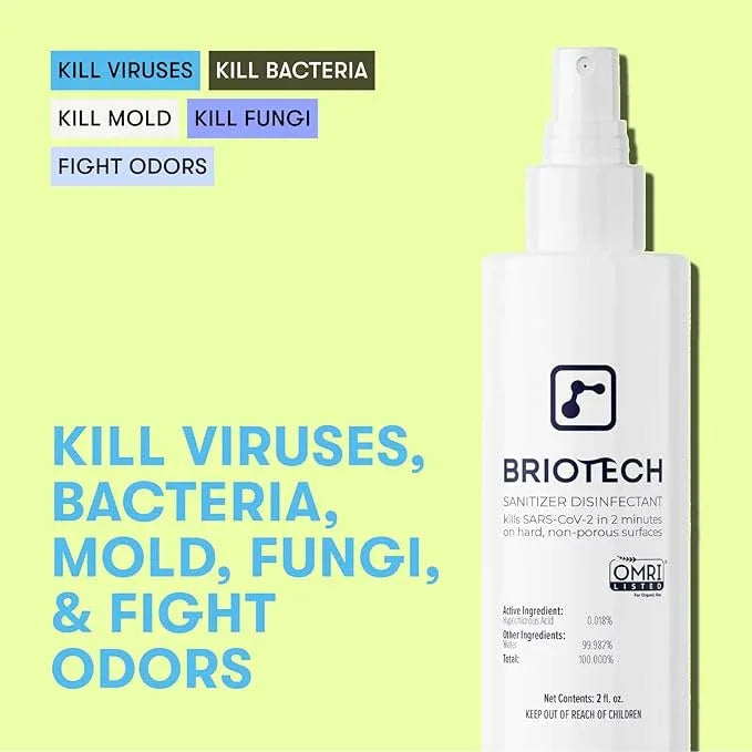 BRIOTECH Sanitizer Disinfectant Hypochlorous Spray, Kill 99.99% of Viruses & Bacteria, Control Mold, Eliminate Odor, Gentle for Nurseries, Food Contact Surface Sanitizer, 2 fl oz Travel Size - NeatNest