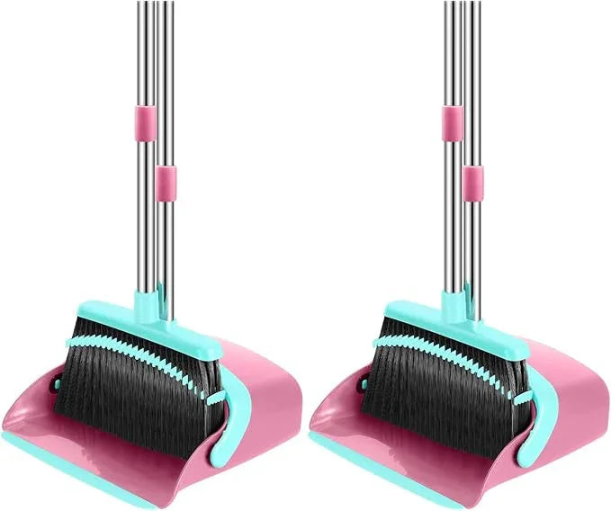 Broom and Dustpan Set, 52-in Long Adjustable Handle Broom Dustpan Combo with Dust pan Teeth to Automatically Clean Hair Suitable for Home Kitchen Office Hall Floor (Pink&Blue), 2 Pack - NeatNest