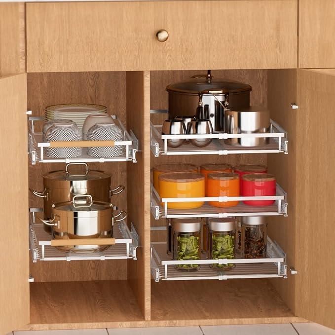 Pull Out Cabinet Organizer - Expandable Slide Out Pantry Shelves Heavy Duty Sliding Drawer Storage for Inside Kitchen Cabinet Under Sink, 12''-18.2''W x 16.9''D, 3 Pack - NeatNest
