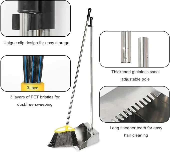 Broom and Dustpan Set, Outdoor Heavy Duty Broom with Stainless Steel Dustpan,Stiff Bristles Broom and Metal Dust Pan for Home - NeatNest